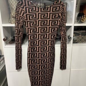 Geometric Patterned Long Sleeve Dress - Brown